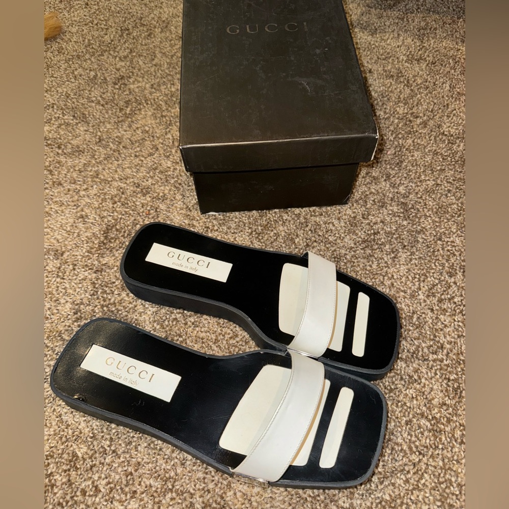 Vintage 90s Gucci Womens Black Leather Platform Slider Sandals
